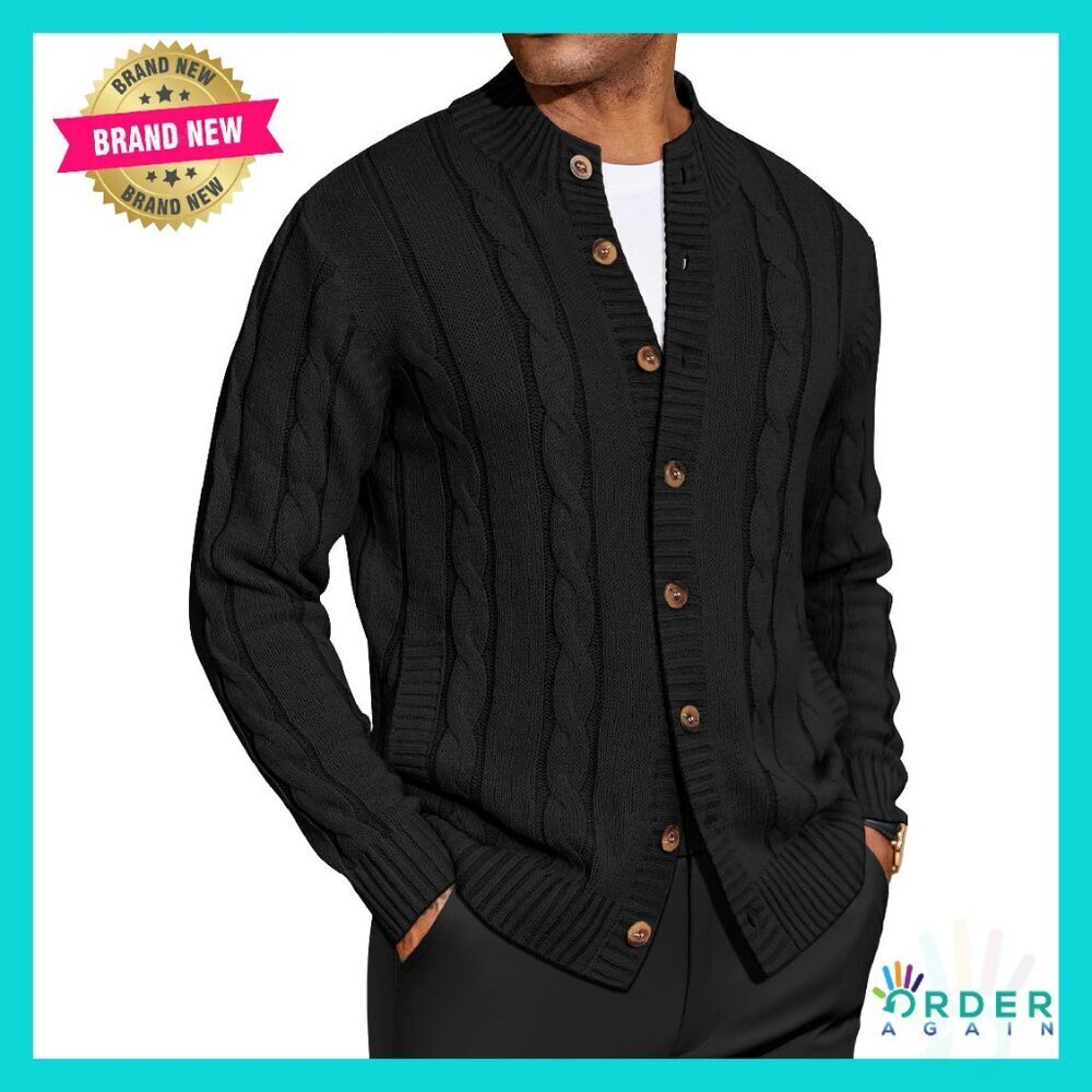 Slim Fit Cable Knit Cardigan Stand Collar Classic Elegant Casual Sweater